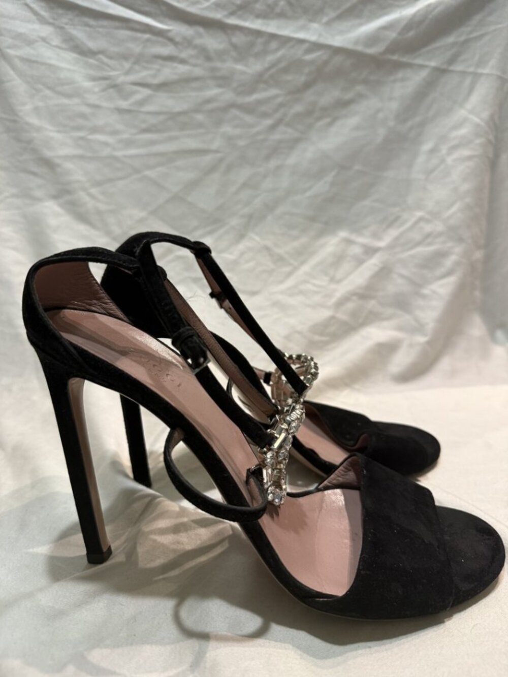 Gucci Black Suede Crystal GG Logo T-Strap Stiletto Heels Pumps EU 40 US 9.5 - Picture 2 of 8